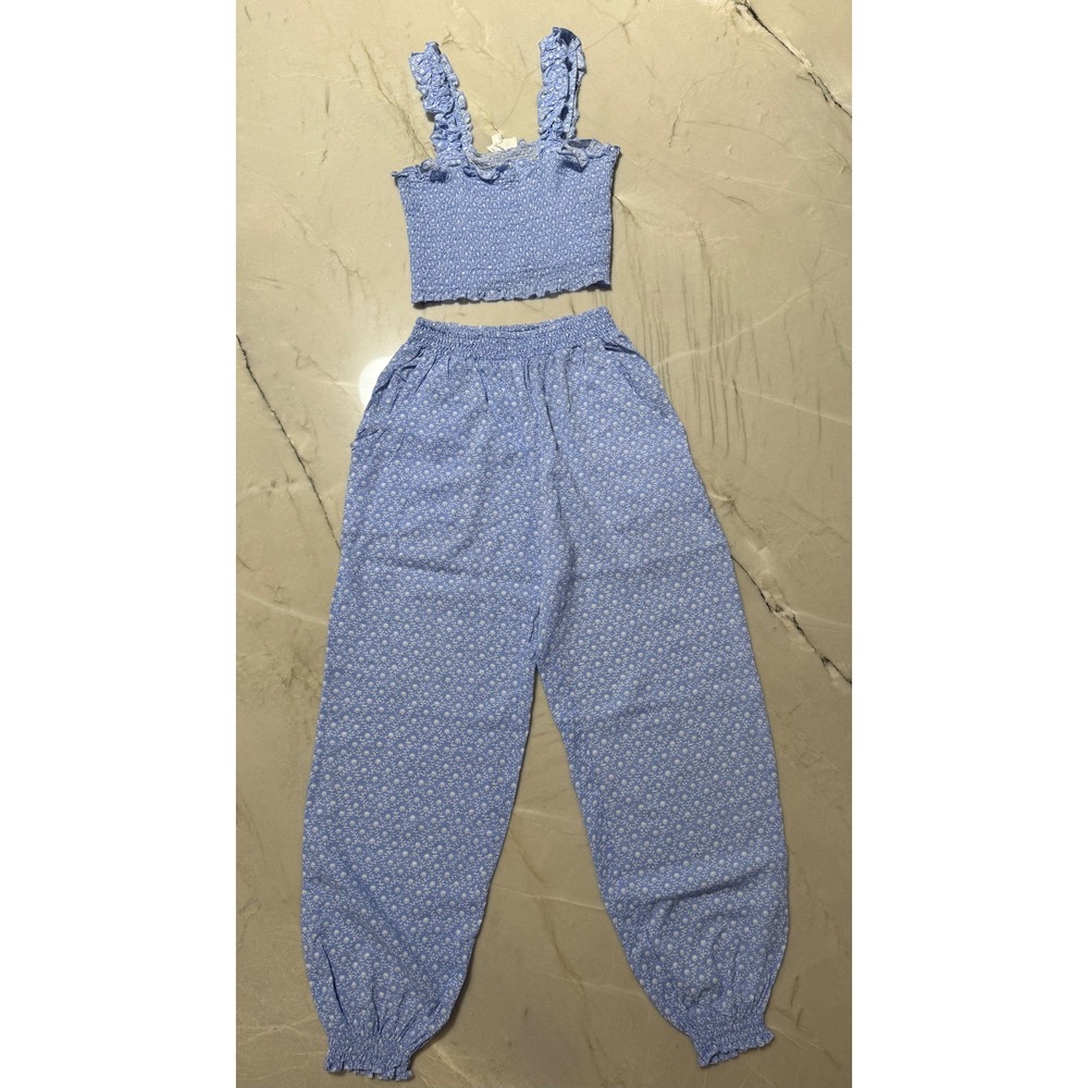 Anthropologie Mable Blue Floral Smocked Crop Top Jogger Pajama Set Womens Size S - Picture 2 of 14